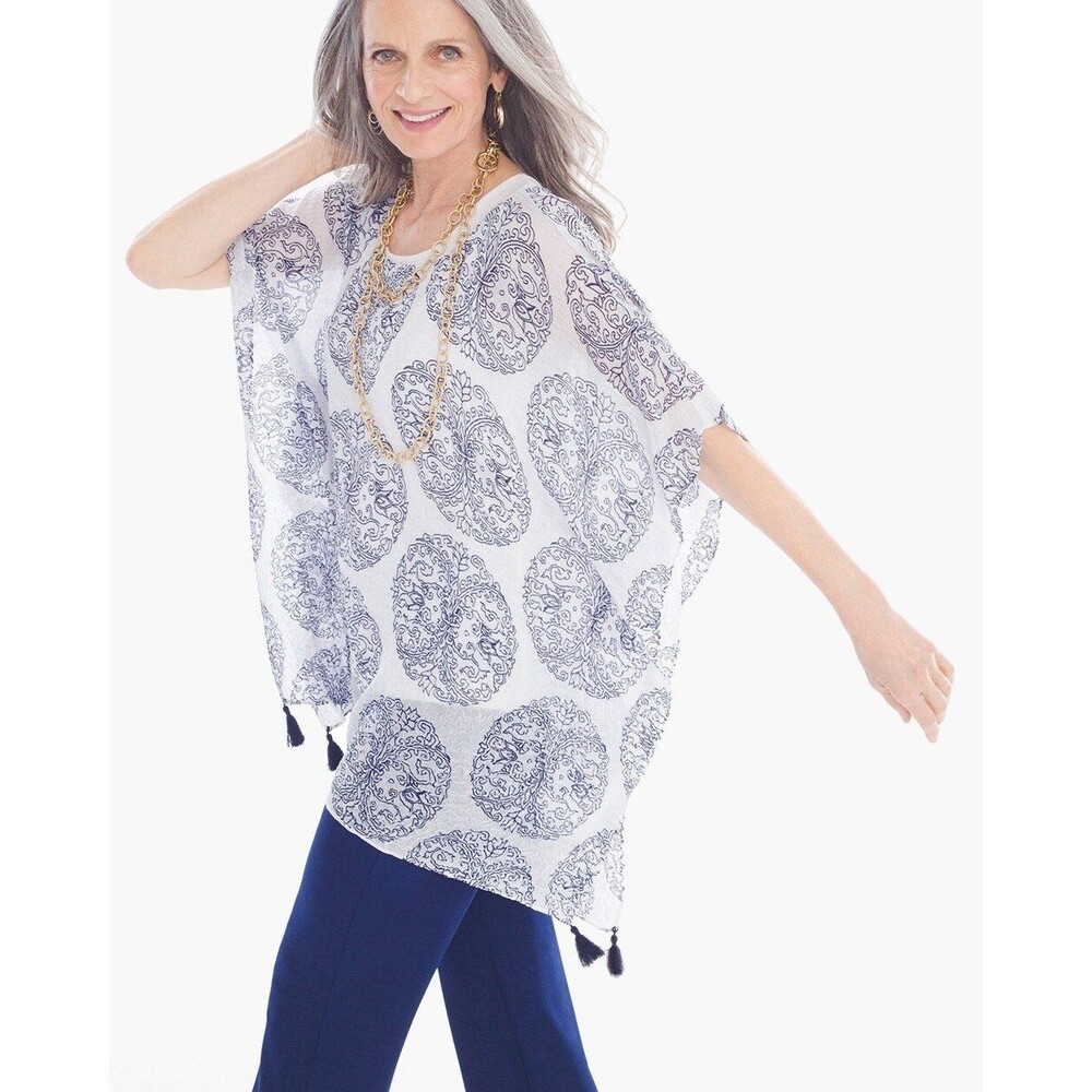 Chico's Travelers Collection Semi Sheer Crushed Texture Medallion Kimono Top S/M